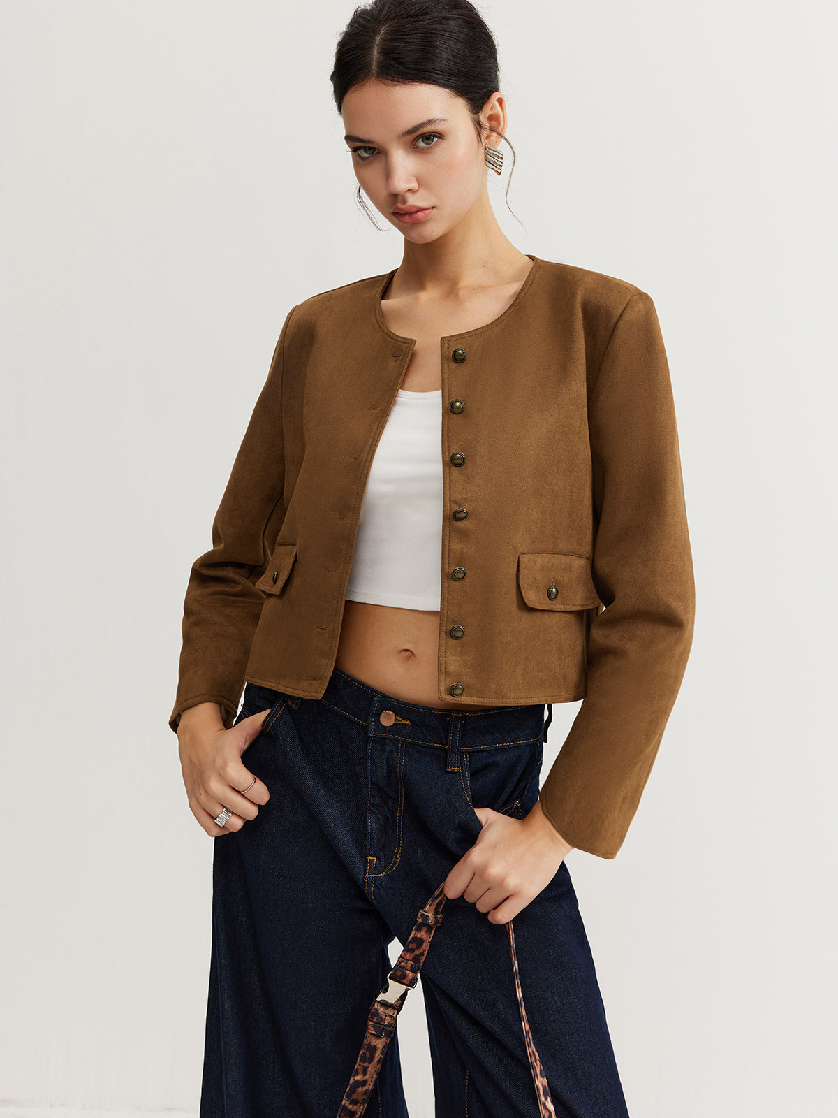 Veste Cropped Bouton Fondamentale | Silhouette Minimaliste | Col Rond