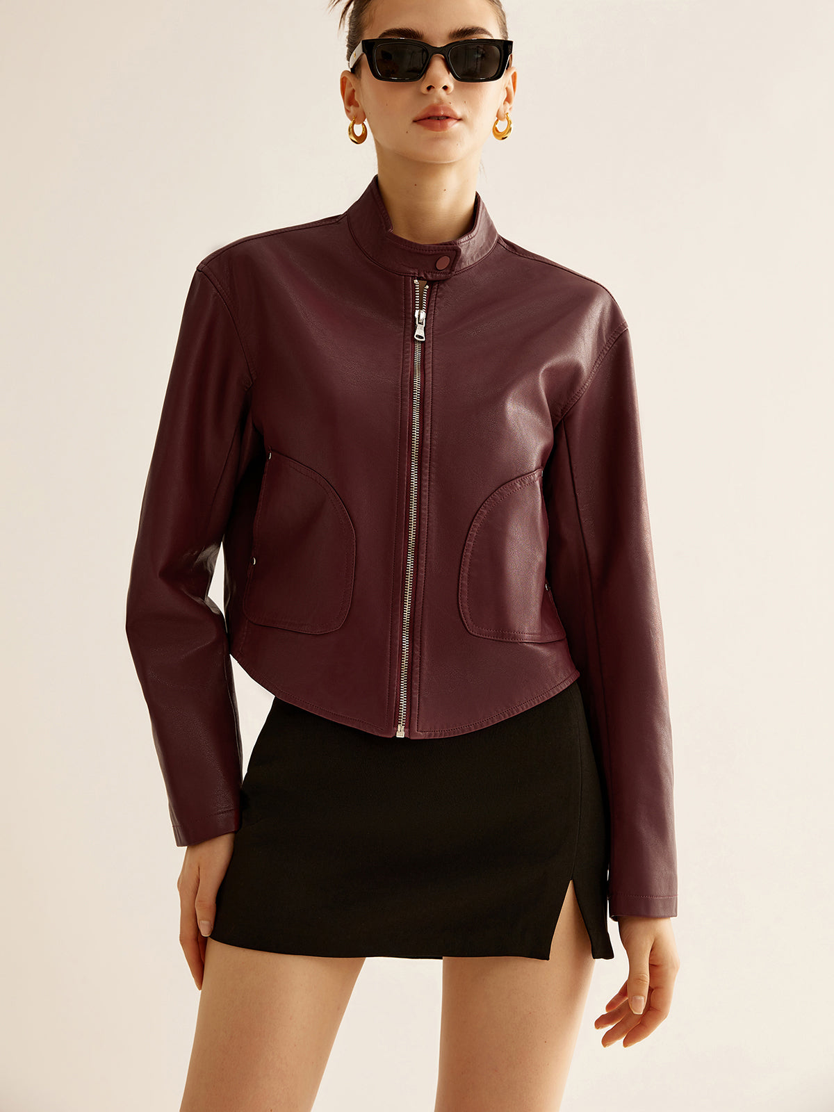 Veste Cropped en Cuir Synthétique | Col Montant | Design Minimaliste