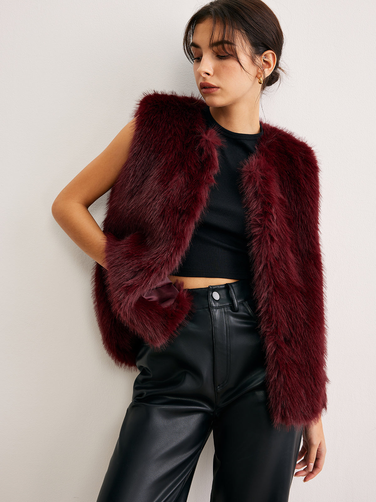 Gilet en Fausse Fourrure | Bourgogne | Finition Douce