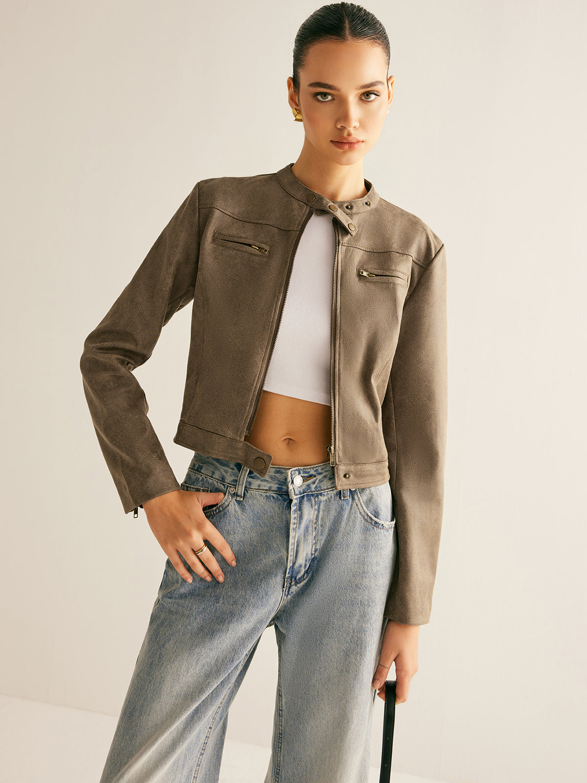 Veste Cropped Effet Suède | Style Minimaliste Moto
