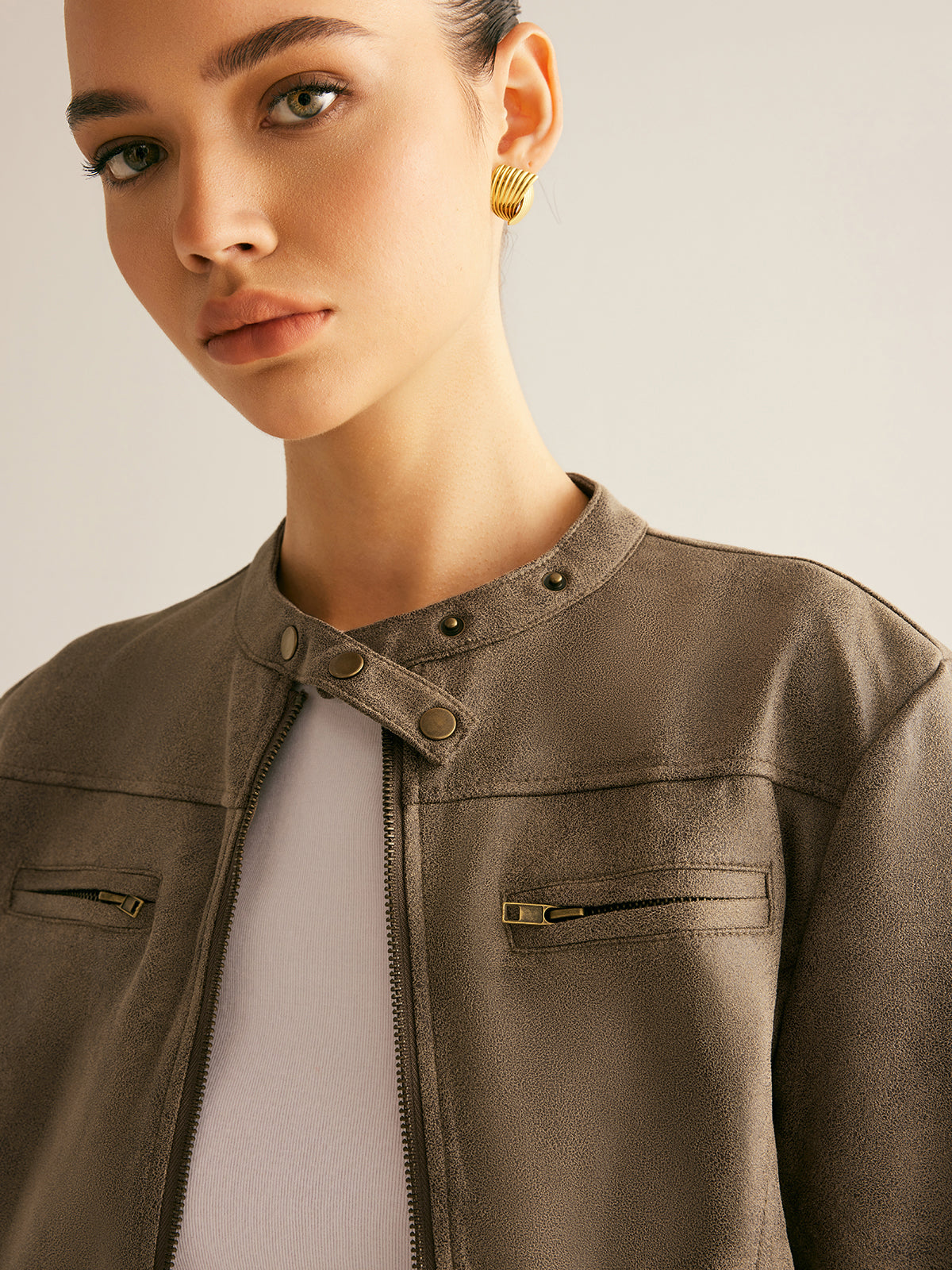 Veste Cropped Effet Suède | Style Minimaliste Moto