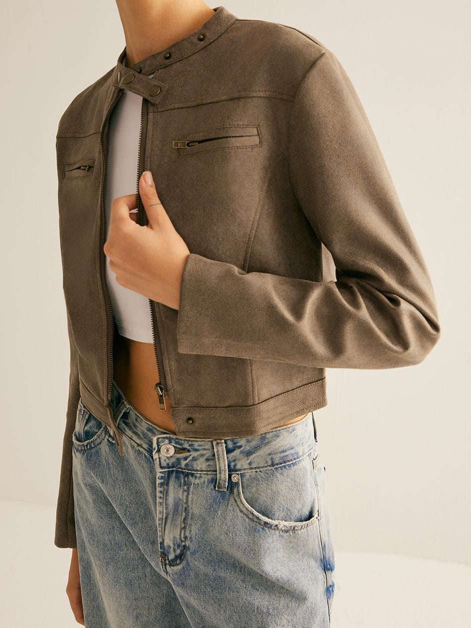 Veste Cropped Effet Suède | Style Minimaliste Moto