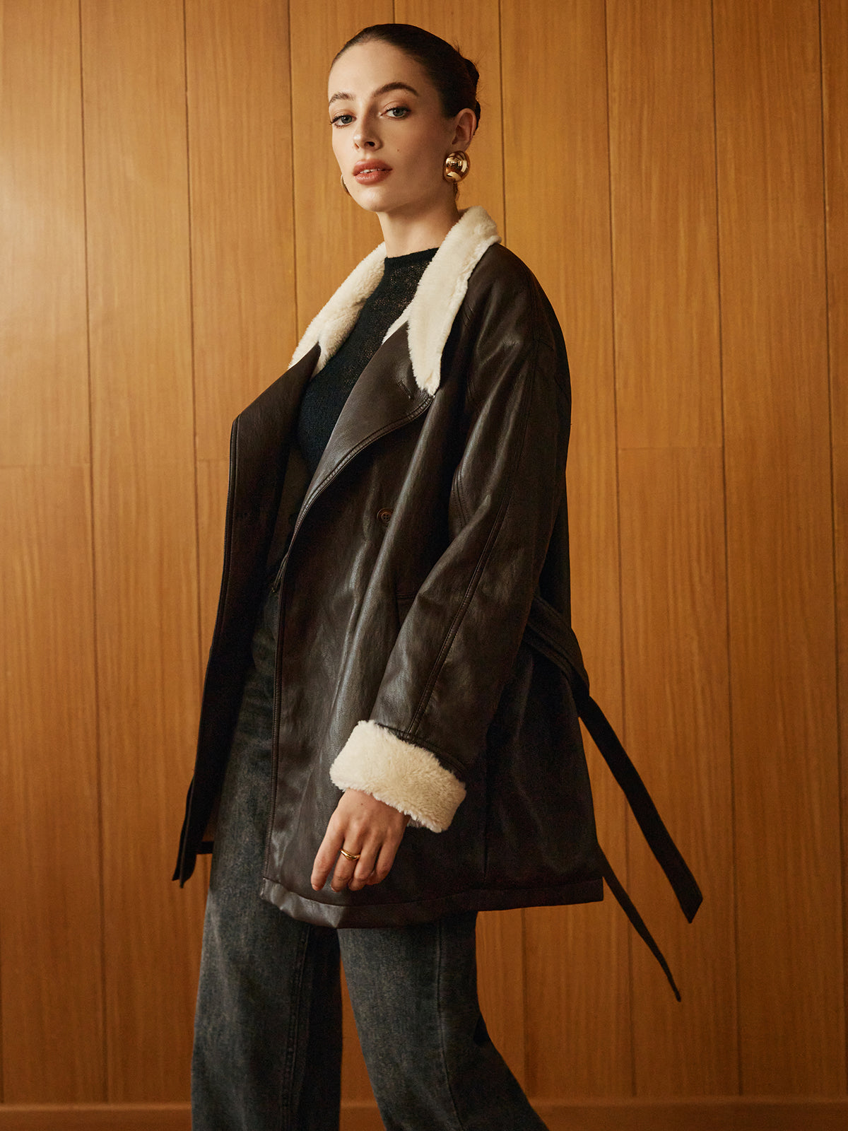 Manteau Aviateur en Faux Cuir | Doublure Shearling | Taille Ceinturée