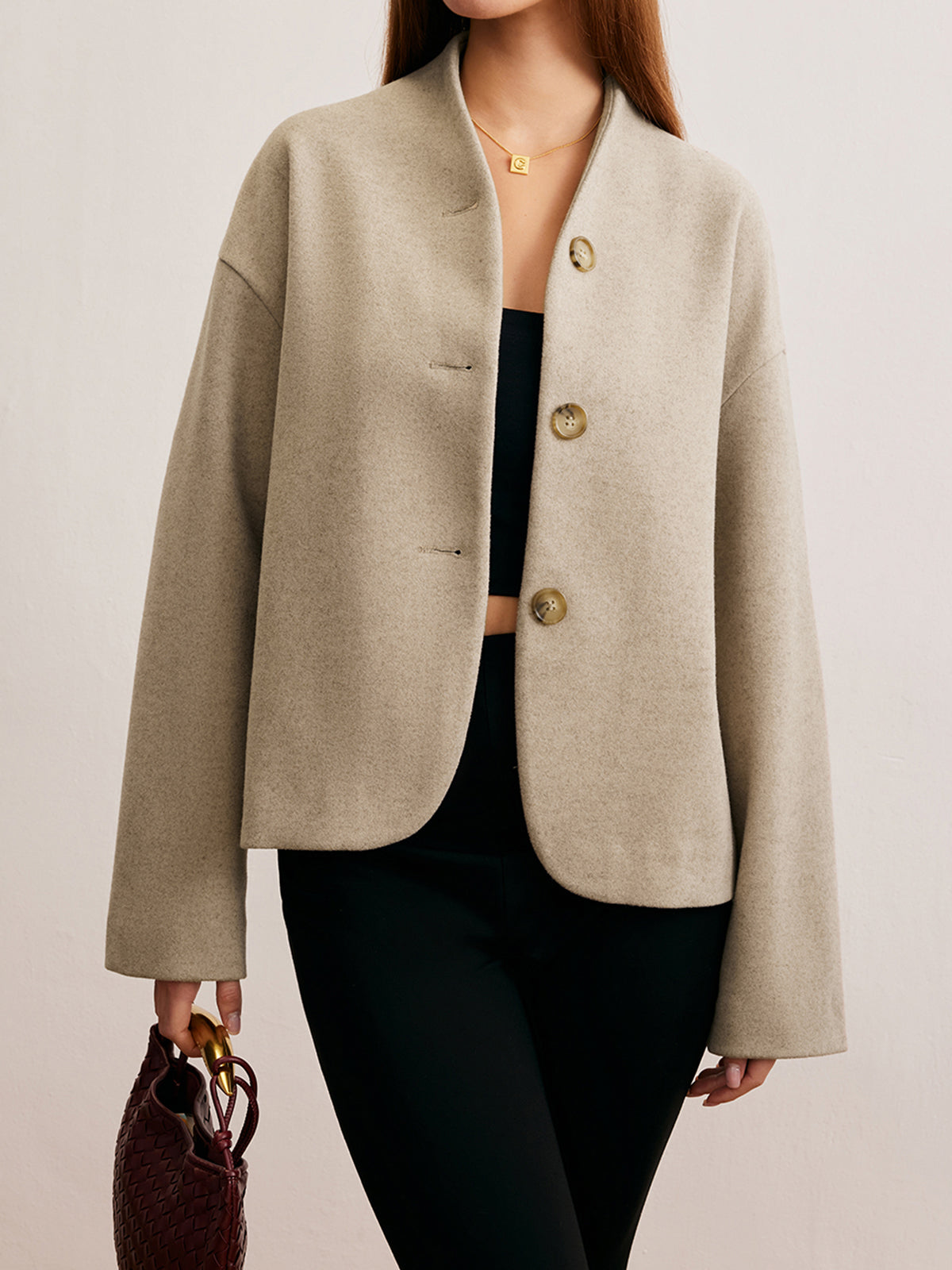 Veste Courte en Mélange de Laine | Col en V | Silhouette Minimaliste