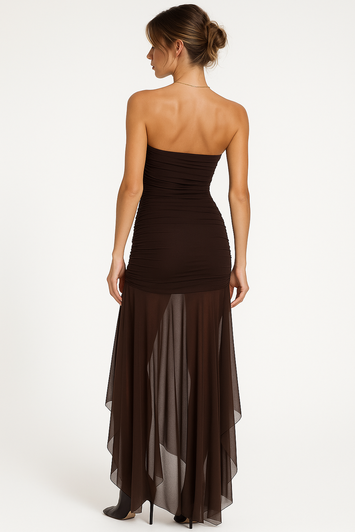 Robe maxi sans manches en panneaux transparents | Buste froncé | Ourlet fluide