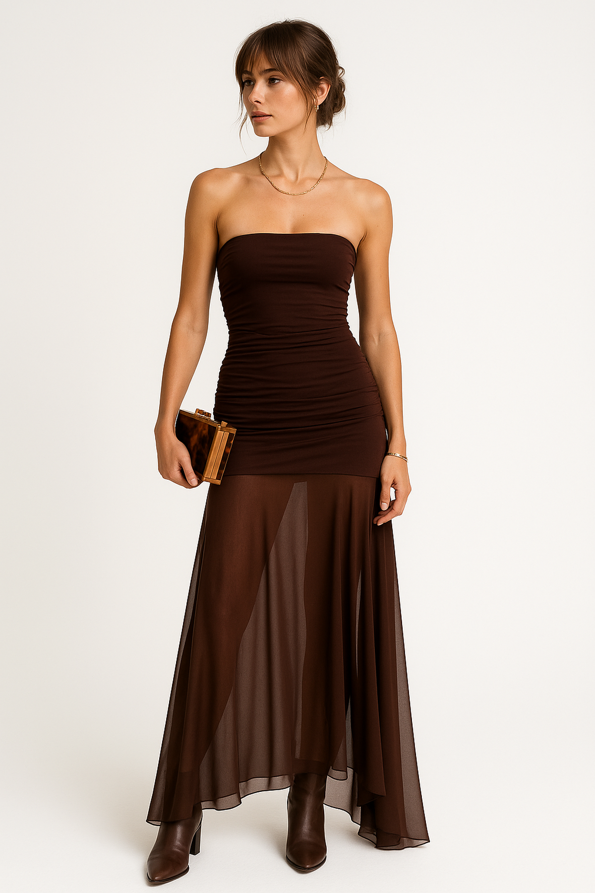 Robe maxi sans manches en panneaux transparents | Buste froncé | Ourlet fluide