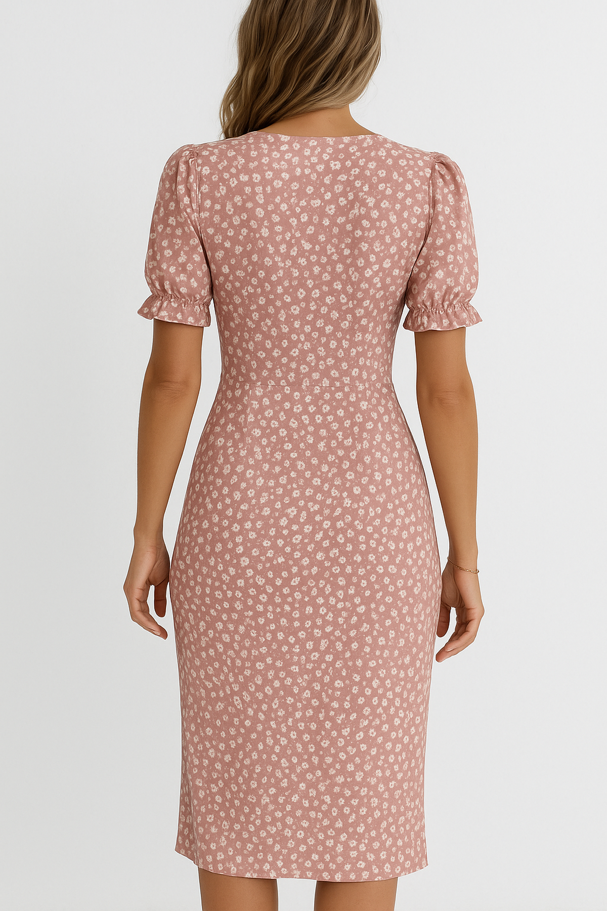 Robe Midi V-Cou | Manche Puff | Détail Croisé