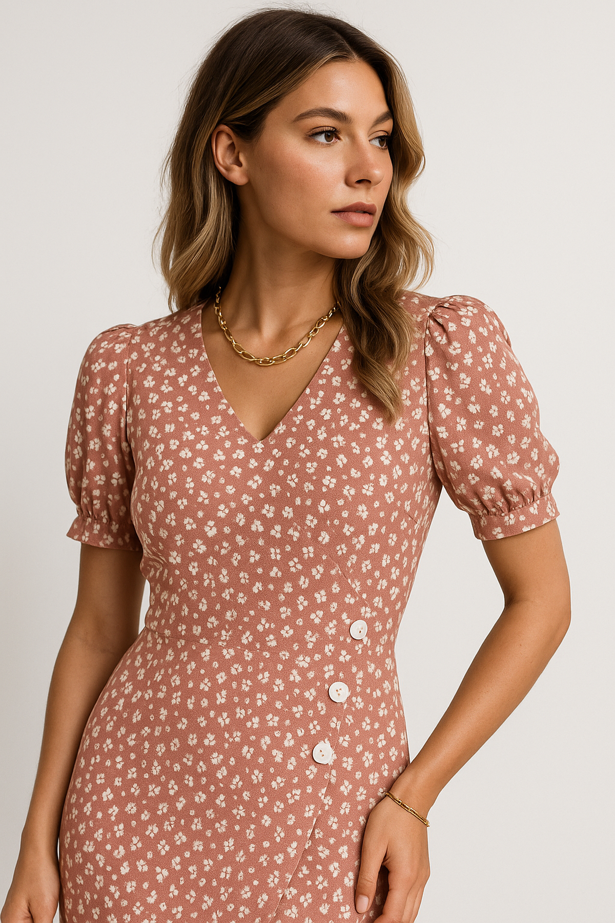 Robe Midi V-Cou | Manche Puff | Détail Croisé