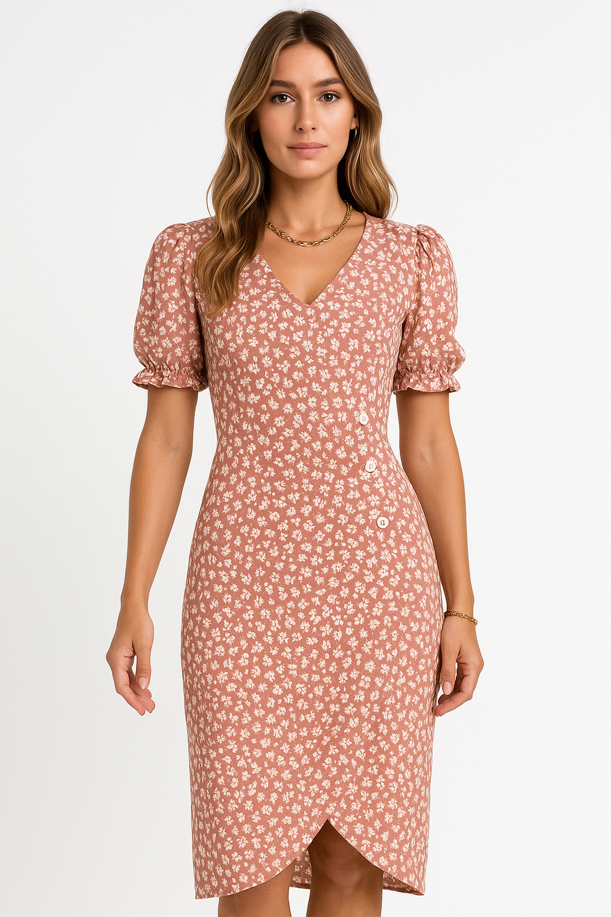 Robe Midi V-Cou | Manche Puff | Détail Croisé