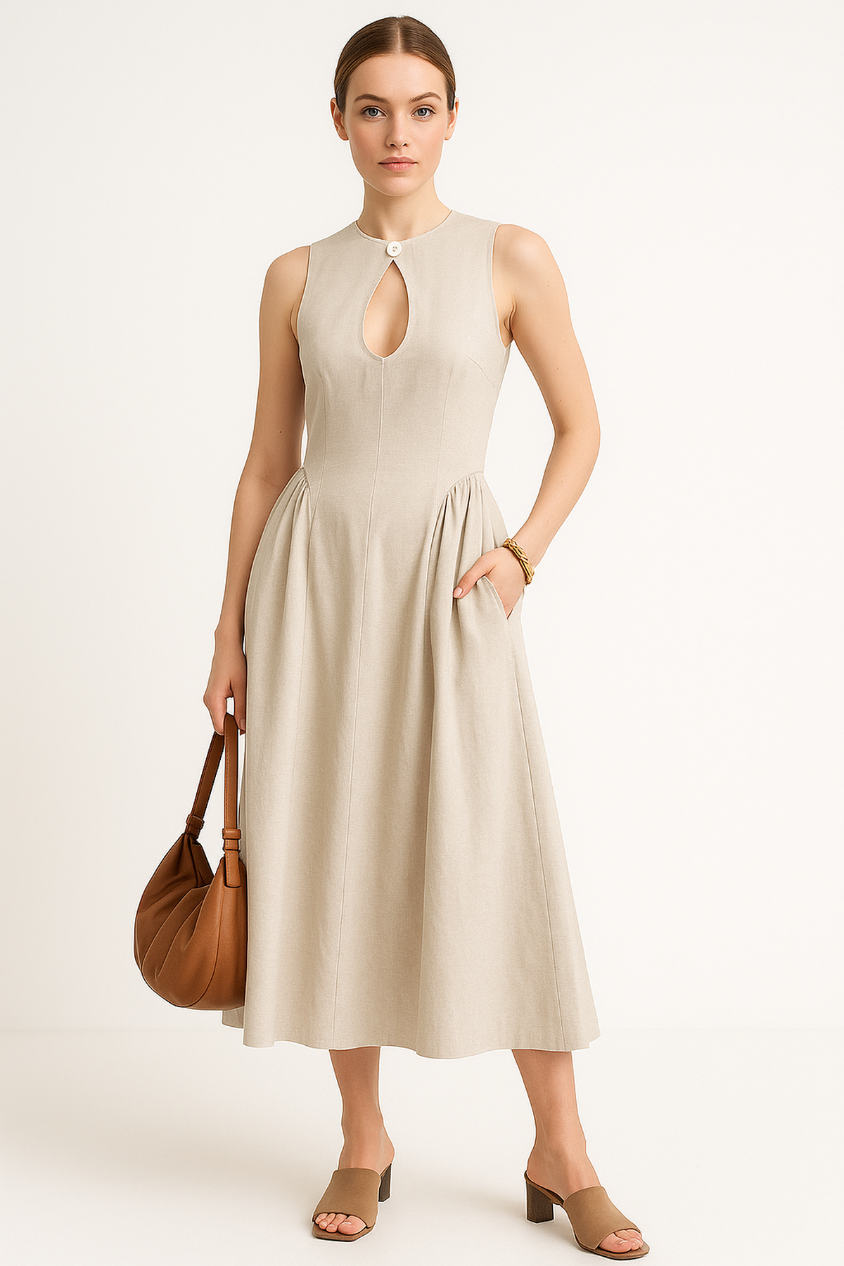 Robe Midi Sans Manches | Découpe en Clé et Jupe Plissée