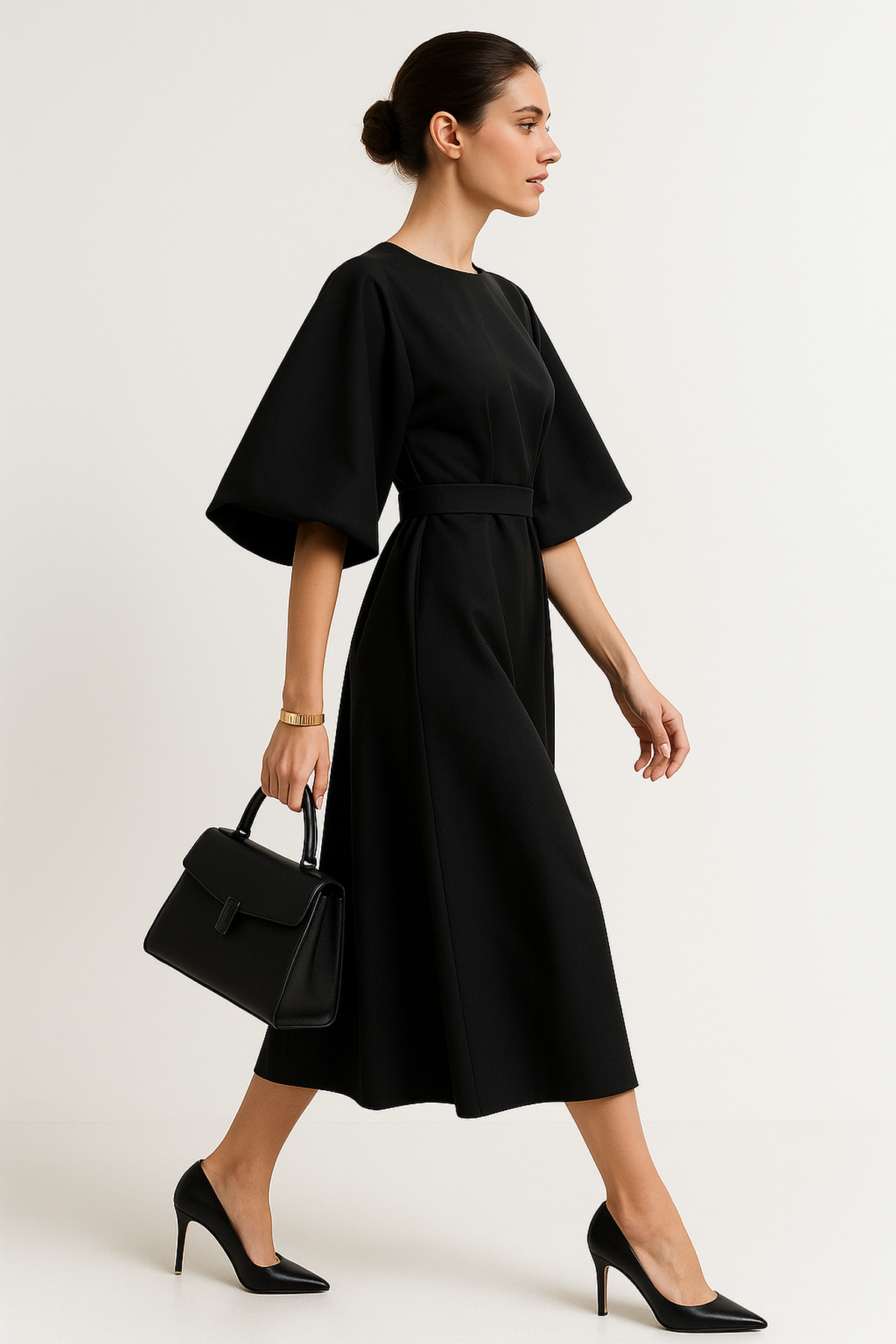 Robe Midi à Manches Batwing | Silhouette A-Line Ceinturée