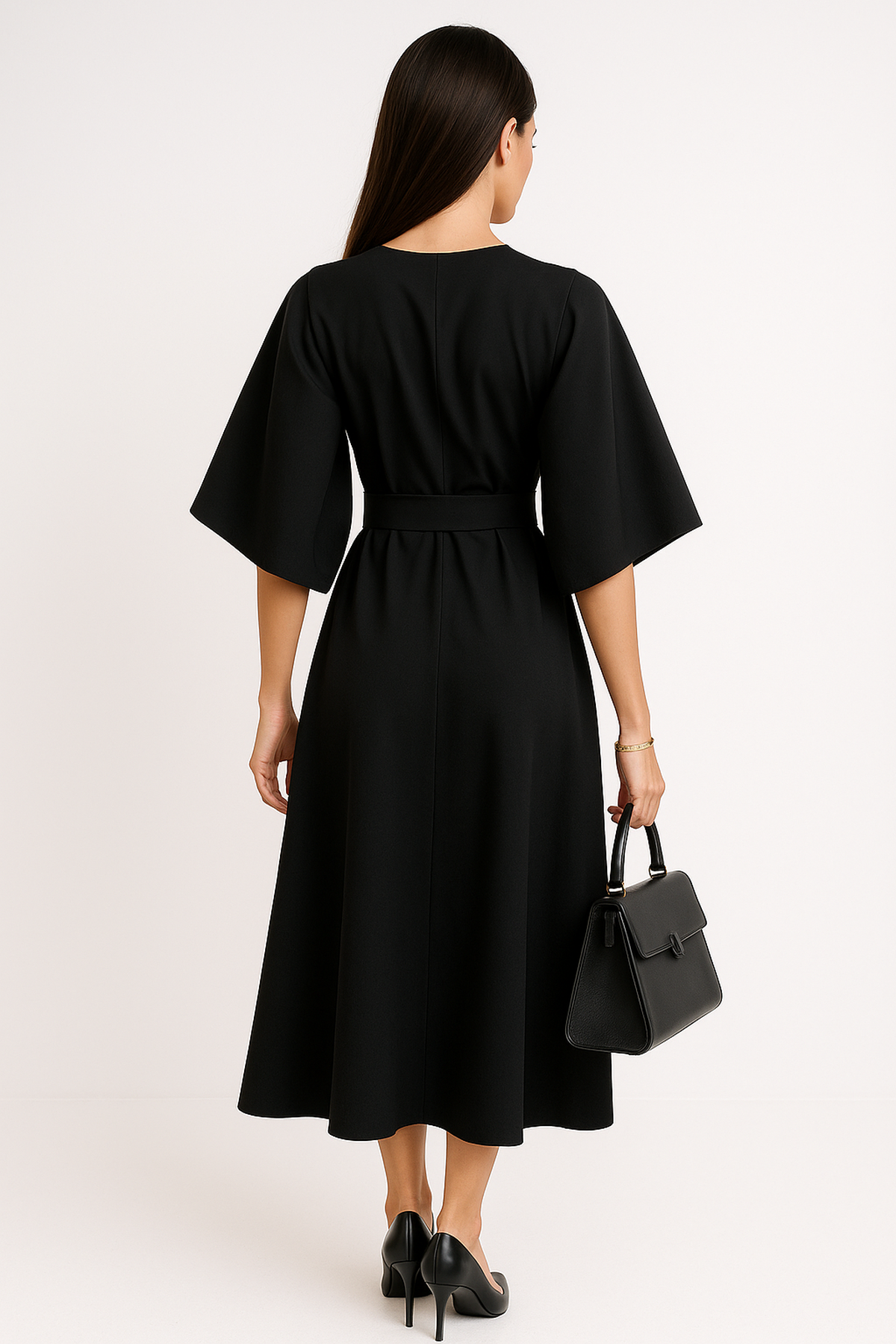 Robe Midi à Manches Batwing | Silhouette A-Line Ceinturée