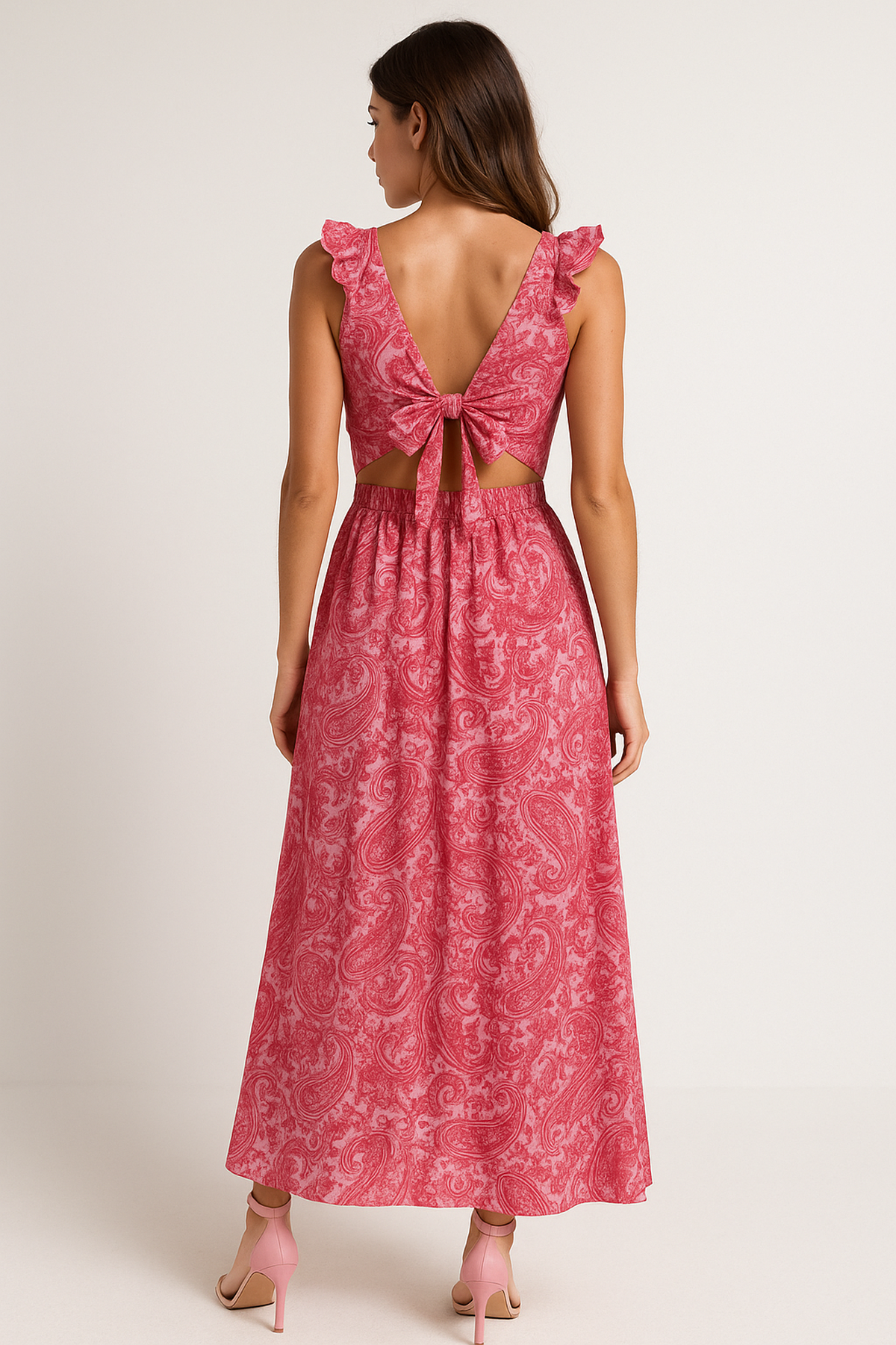 Robe Maxi Paisley | Col V | Taille Découpée | Ourlet Volant