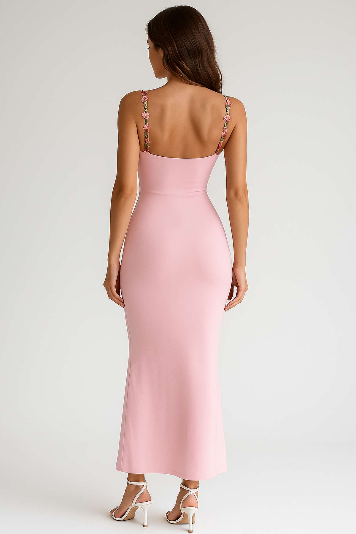 Robe Maxi Bodycon Floral Appliqué | Bretelles Spaghetti | Taille Wrap