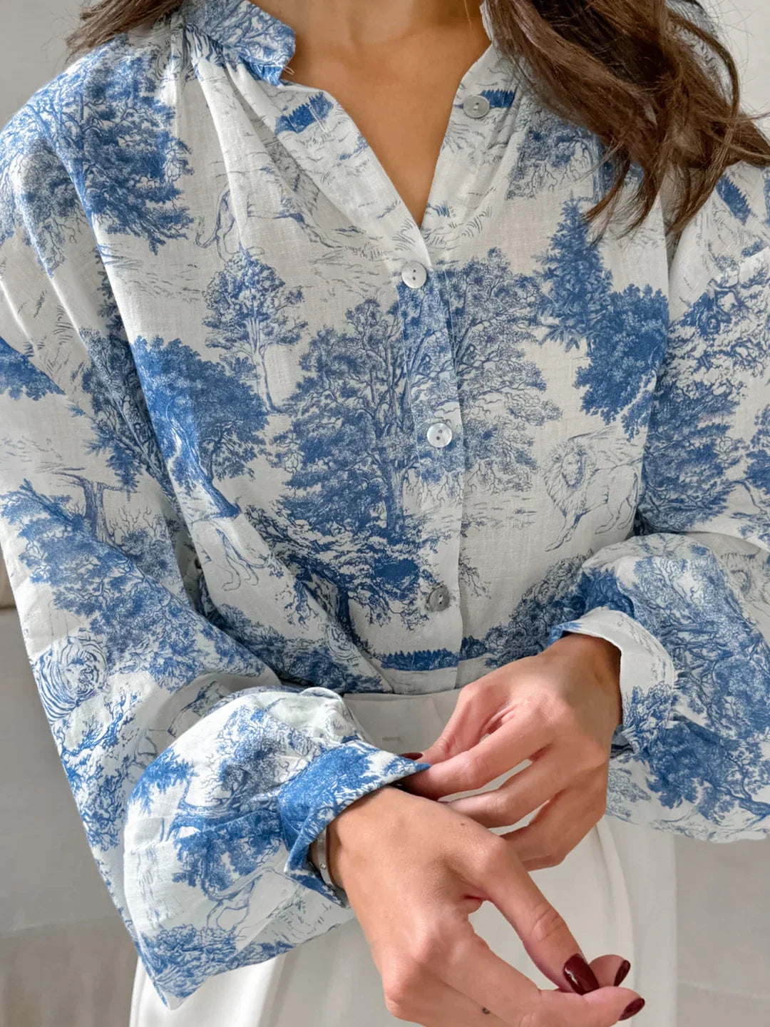 Chemise Imprimée à Manches Longues | Col Stand | Coupe Relaxe