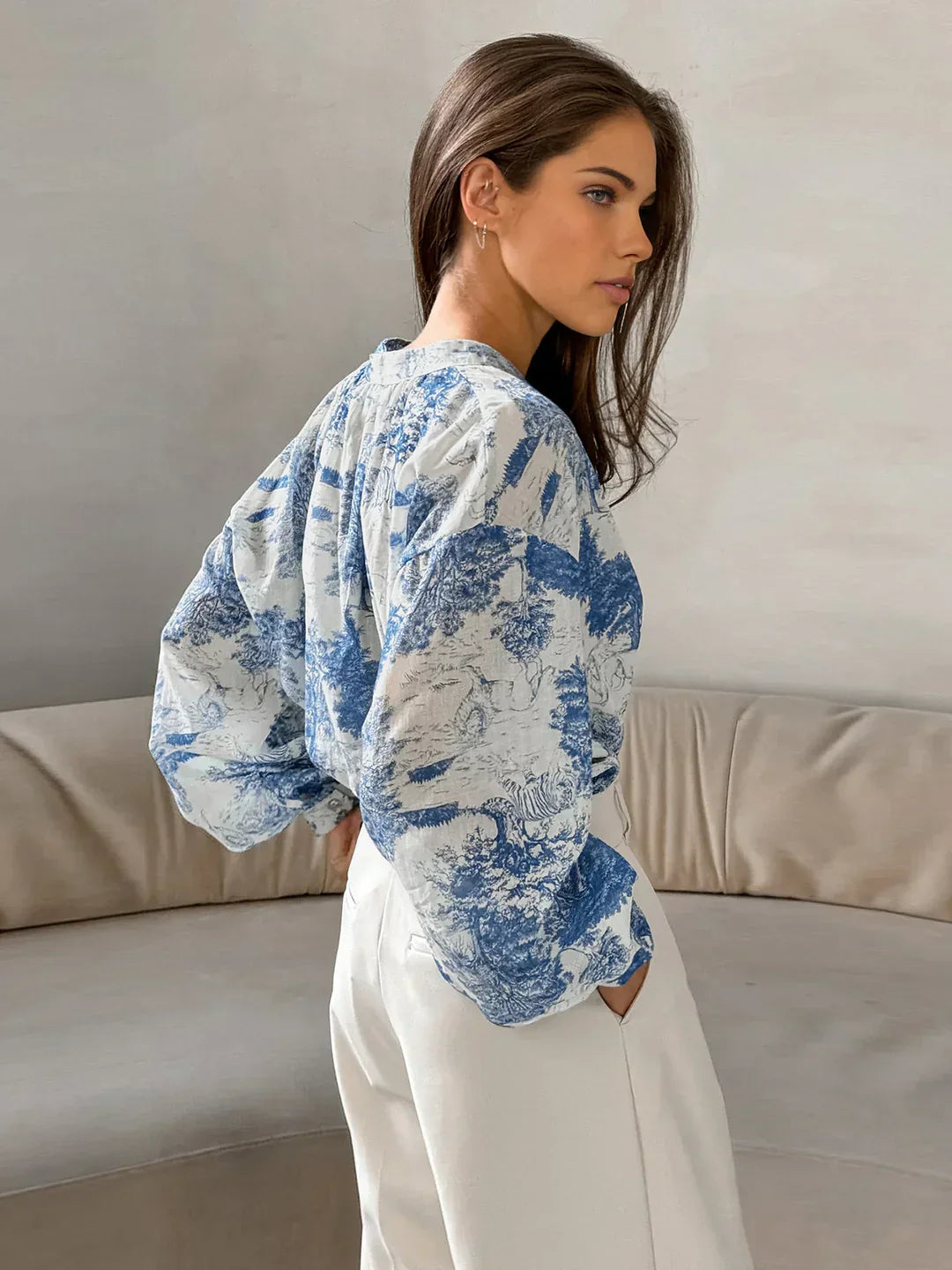 Chemise Imprimée à Manches Longues | Col Stand | Coupe Relaxe