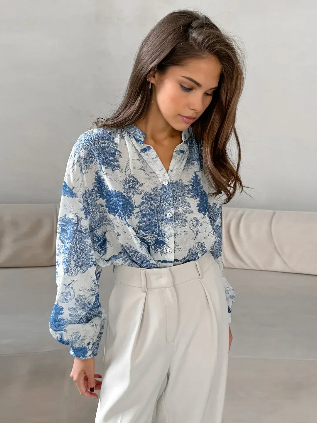 Chemise Imprimée à Manches Longues | Col Stand | Coupe Relaxe