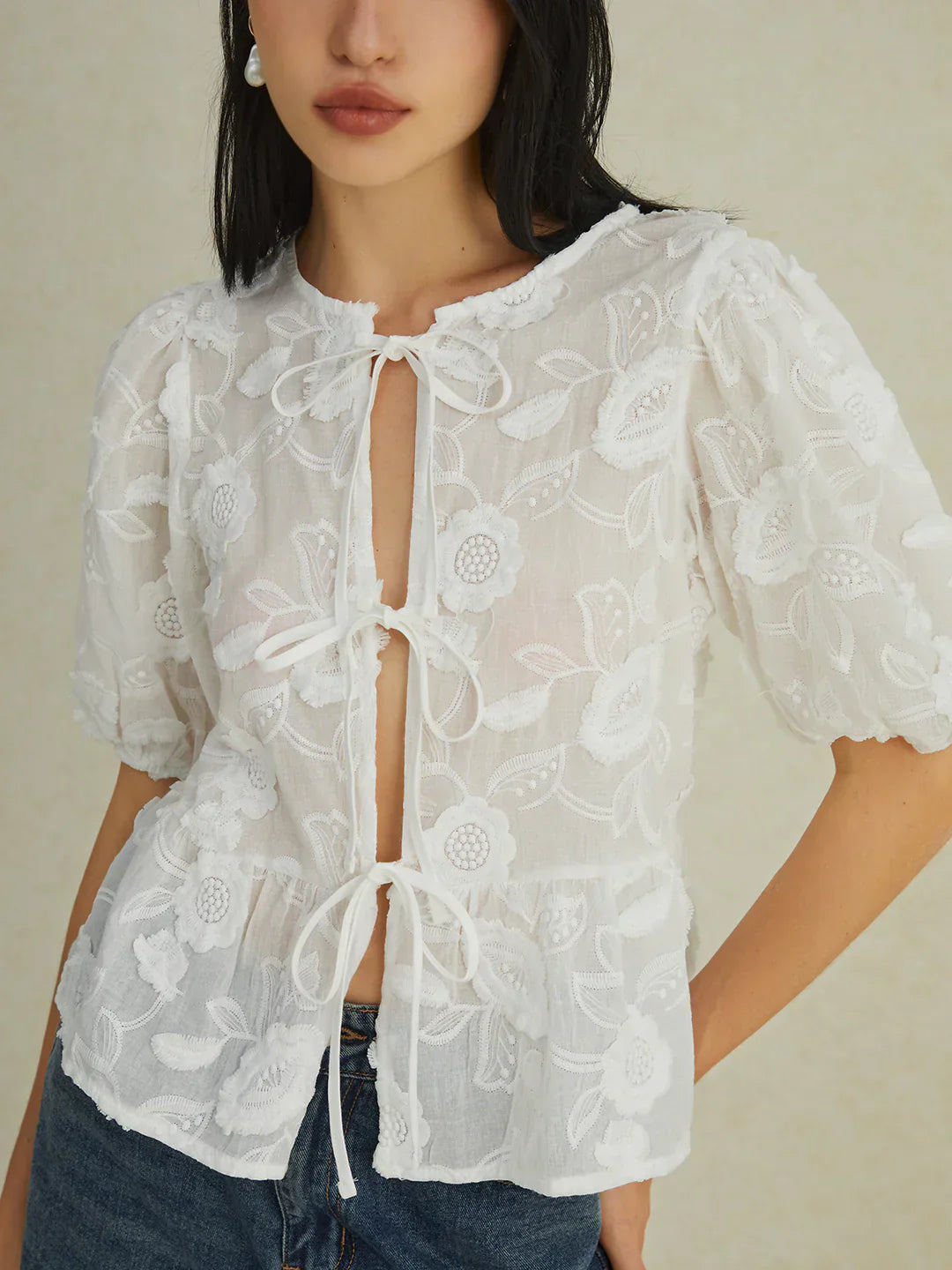 Blouse Florale Brodée | Manches Ballon | Transparente