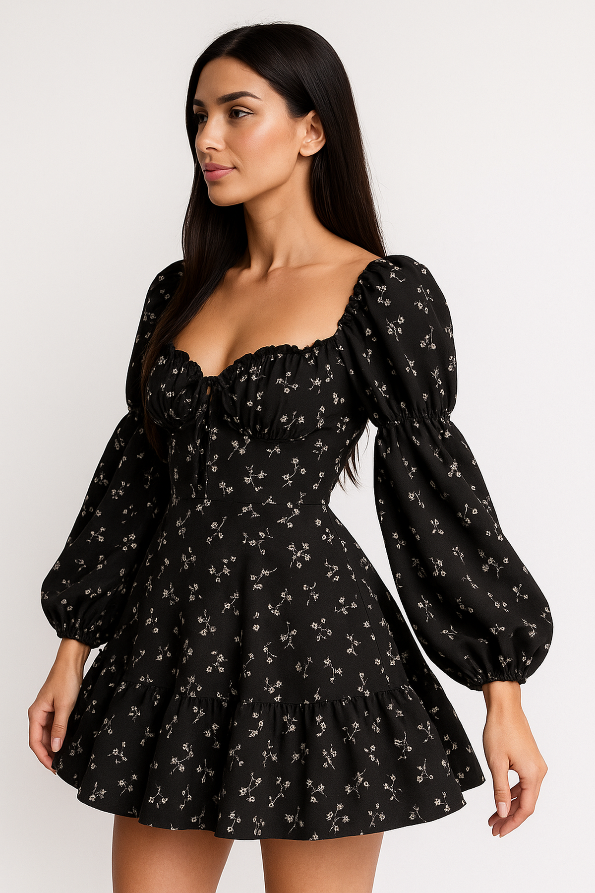 Robe Mini Fleurie | Manches Ballon | Col Carré | Silhouette A-Line