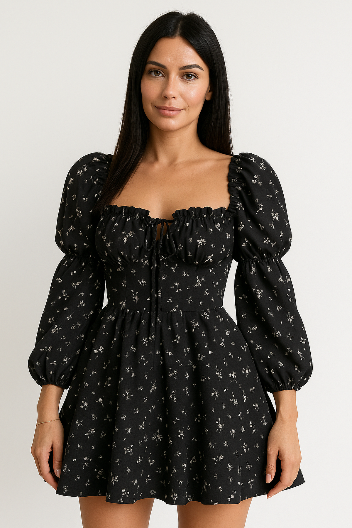 Robe Mini Fleurie | Manches Ballon | Col Carré | Silhouette A-Line