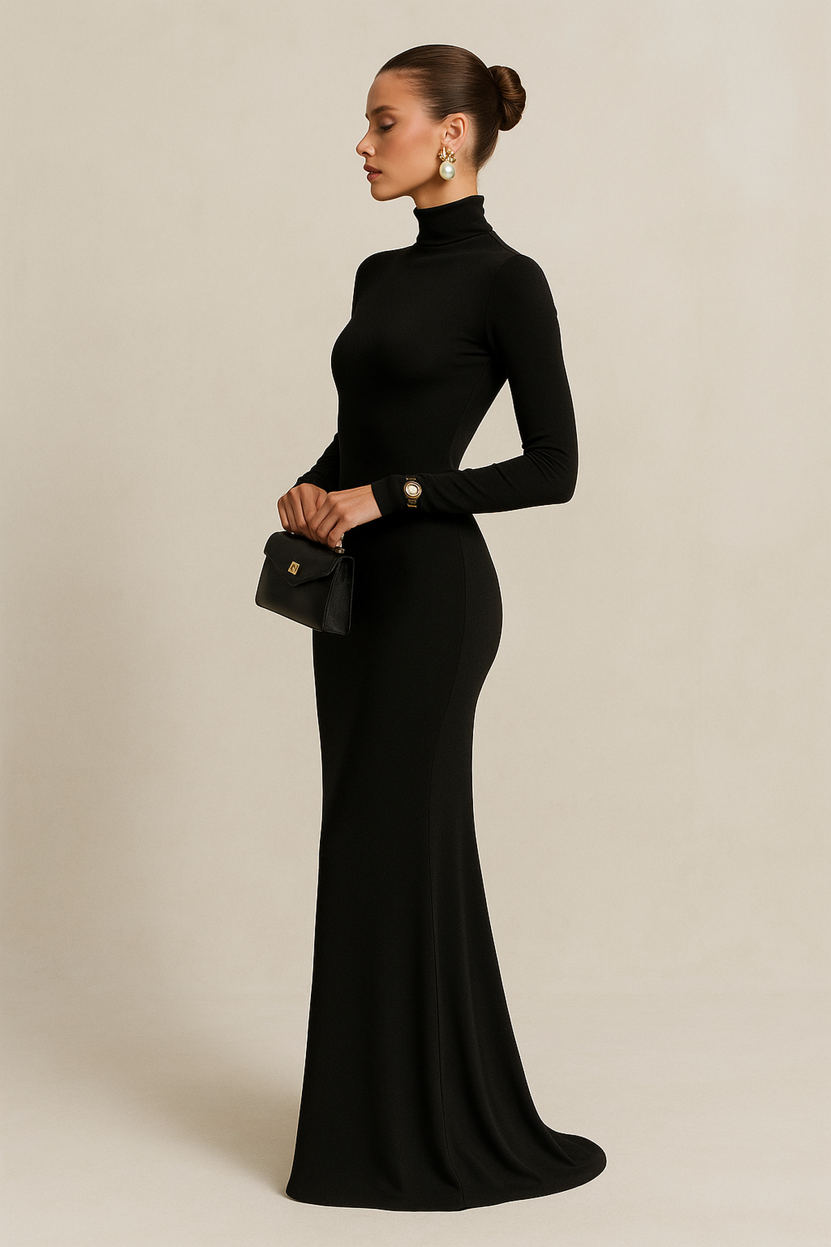 Robe Maxi à Manches Longues Col Roulé Minuit | Ajustement Élastique | Longueur Maxi