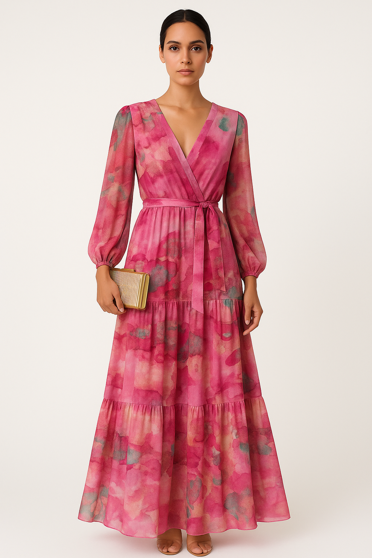 Robe Maxi Imprimée V-Cou | Longue Manche | Ceinture Autre