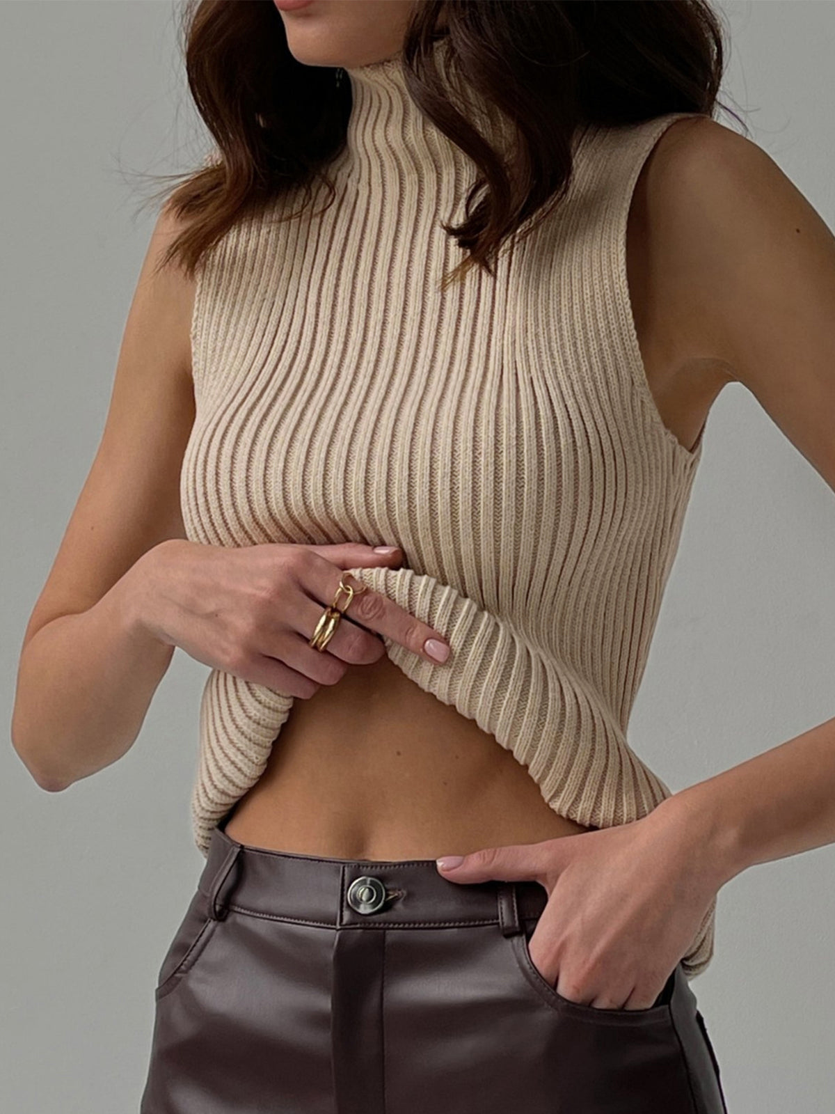 Haut Tank Col Montant en Maille Ribée | Slim Fit Pullover