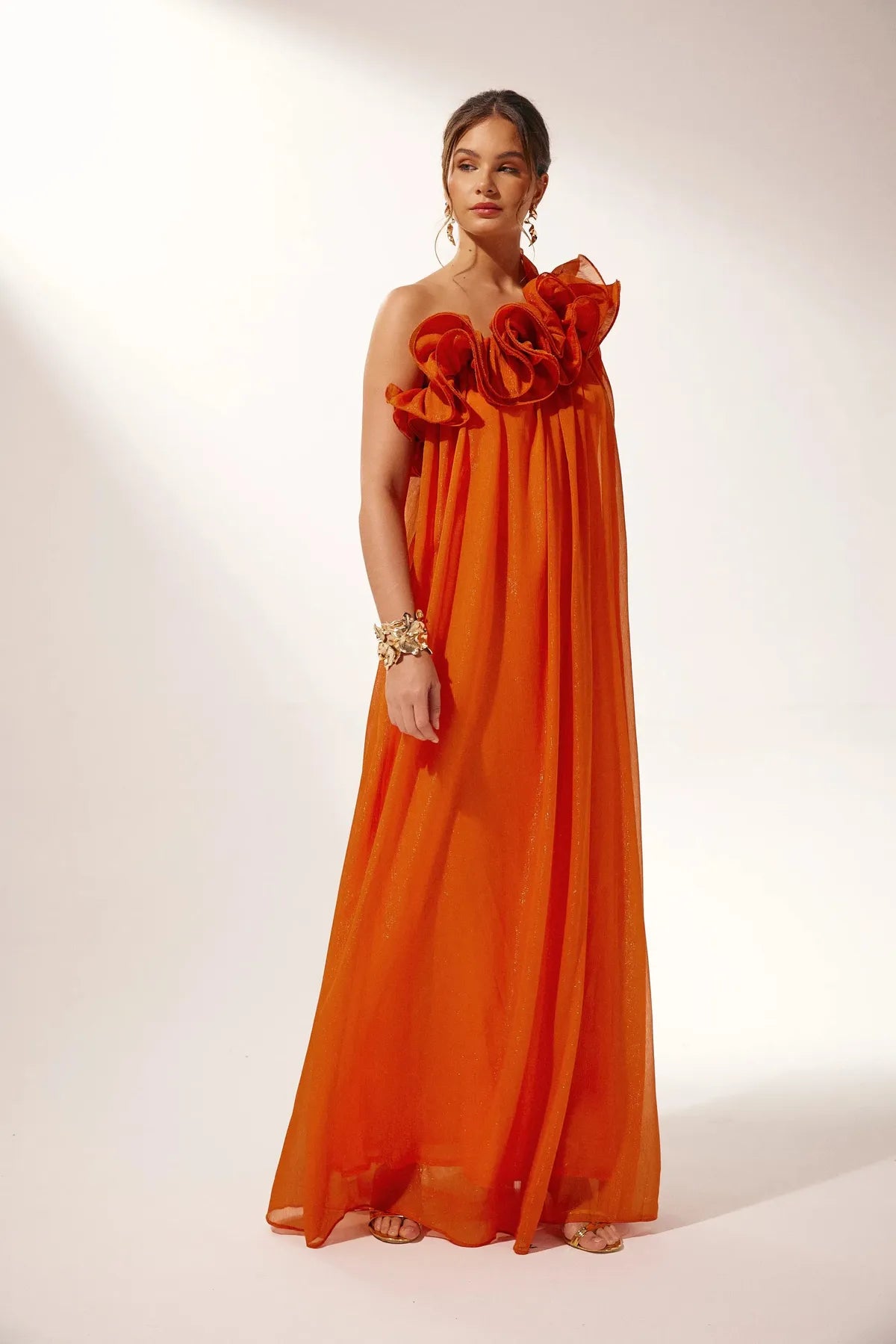 Robe Maxi Florale Épaule Nue | Silhouette Drapée | Soirée
