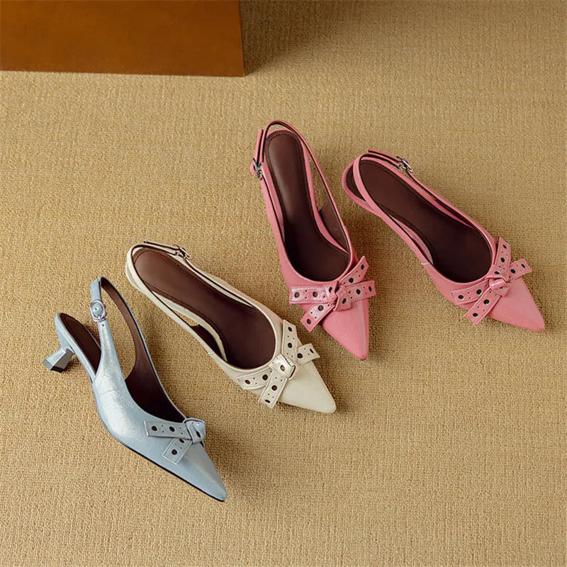 Talons Slingback à Orteil Pointu | Cuir Véritable | Détail Noeud