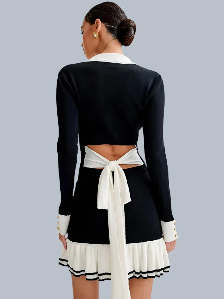 Robe Mini Tricot Contrast | Slim Fit | Bouton Devant | Ourlet Volant