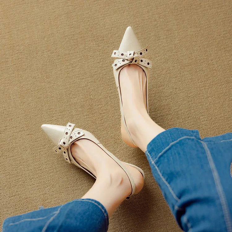 Talons Slingback à Orteil Pointu | Cuir Véritable | Détail Noeud