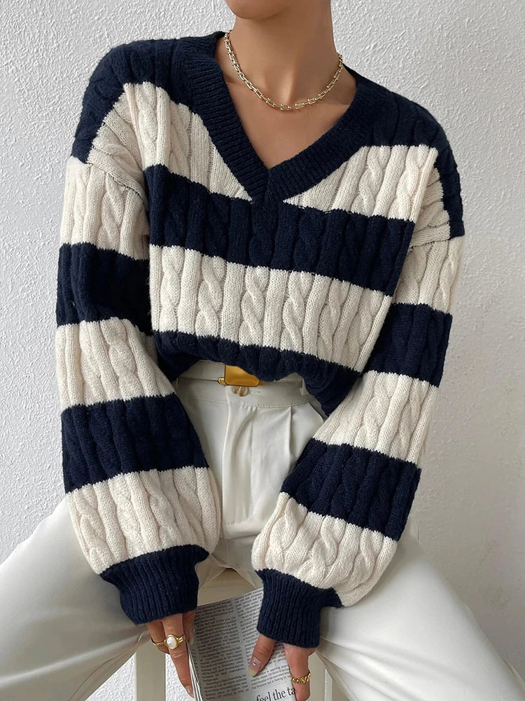 Pull Over Rayures Maille Cable Col V | Coupe Relaxée
