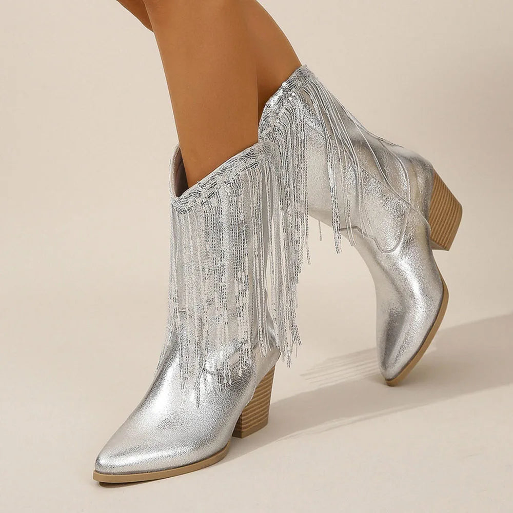 Bottes Western Fringe Mi-Mollet | Embout Pointu | Talon Bloc
