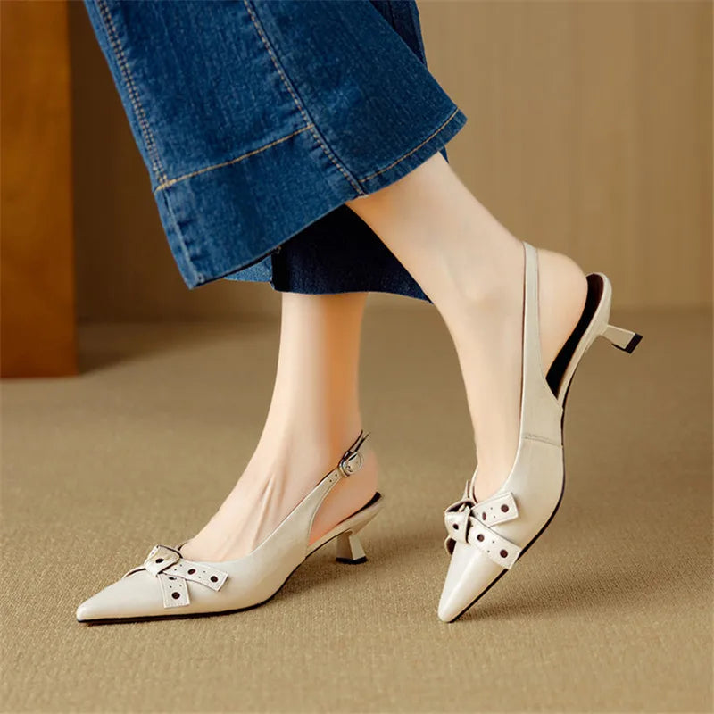 Talons Slingback à Orteil Pointu | Cuir Véritable | Détail Noeud