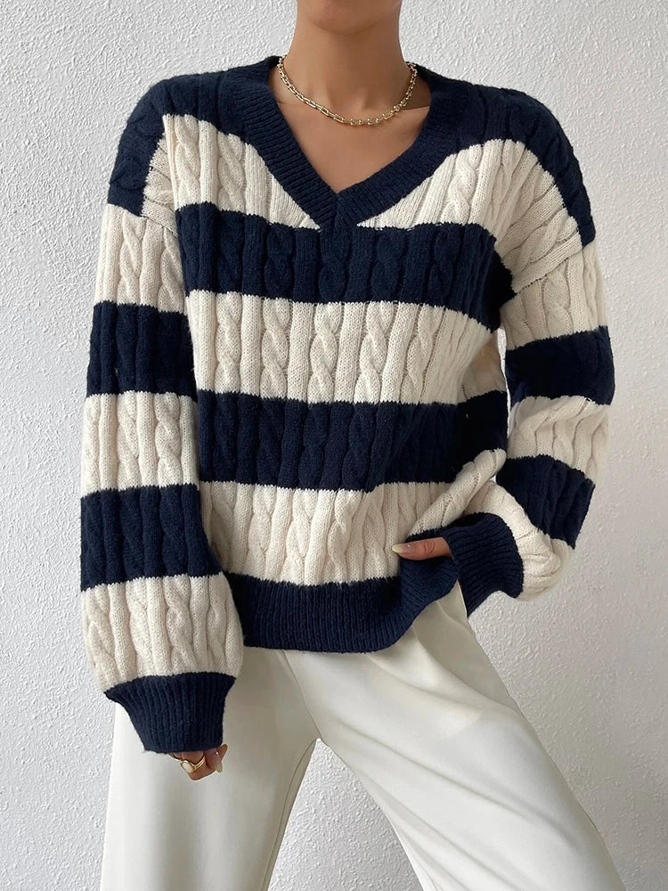 Pull Over Rayures Maille Cable Col V | Coupe Relaxée
