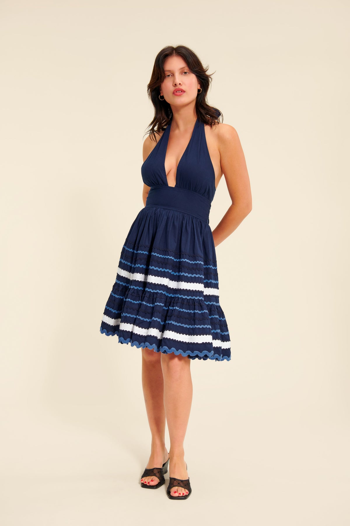 Robe Mini Halter Rayée | Jupe Évasée | Mélange de Coton