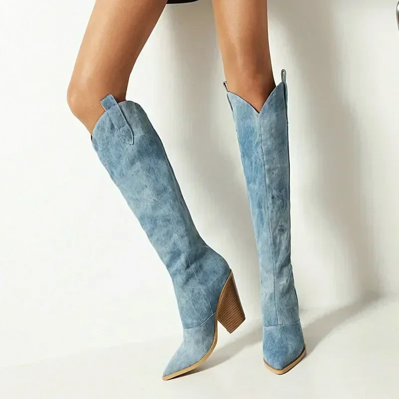 Bottes en denim hauteur genou | orteil pointu | talon bloc western
