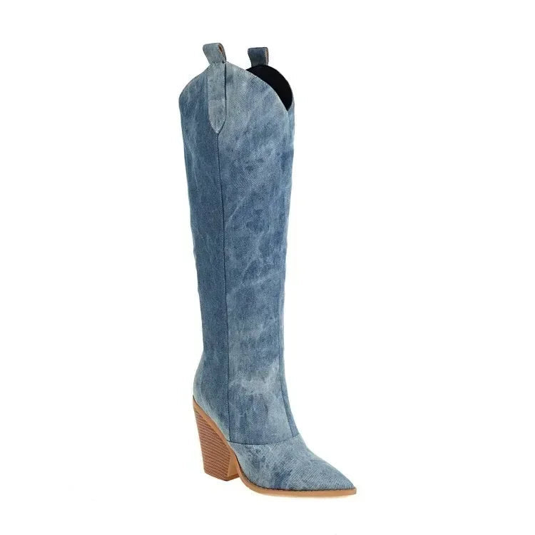 Bottes en denim hauteur genou | orteil pointu | talon bloc western