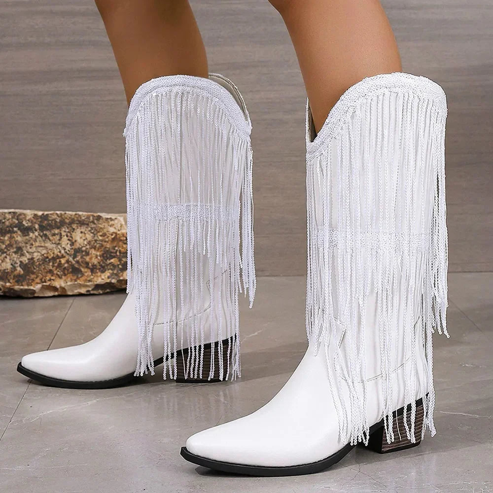 Bottes Western Fringe Mi-Mollet | Embout Pointu | Talon Bloc