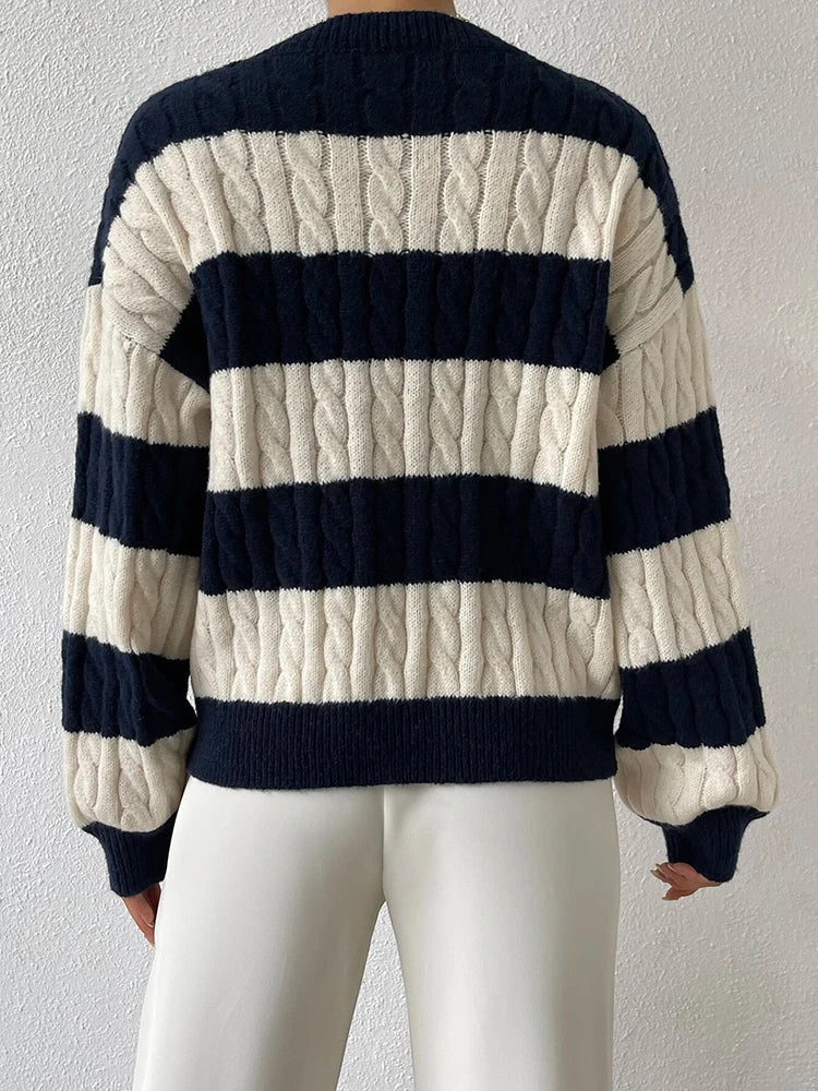 Pull Over Rayures Maille Cable Col V | Coupe Relaxée