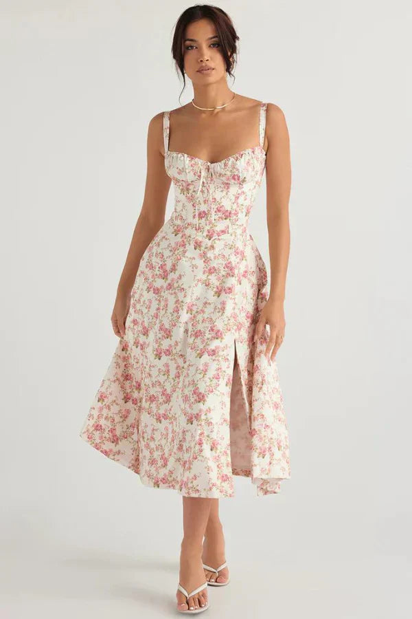 Robe Midi Florale Corsetée | Décolleté Coeur, Jupe Fendue, Bretelles Spaghetti