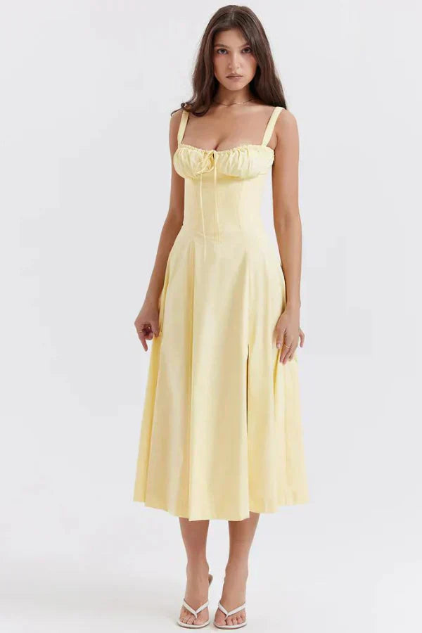 Robe Midi Florale Corsetée | Décolleté Coeur, Jupe Fendue, Bretelles Spaghetti