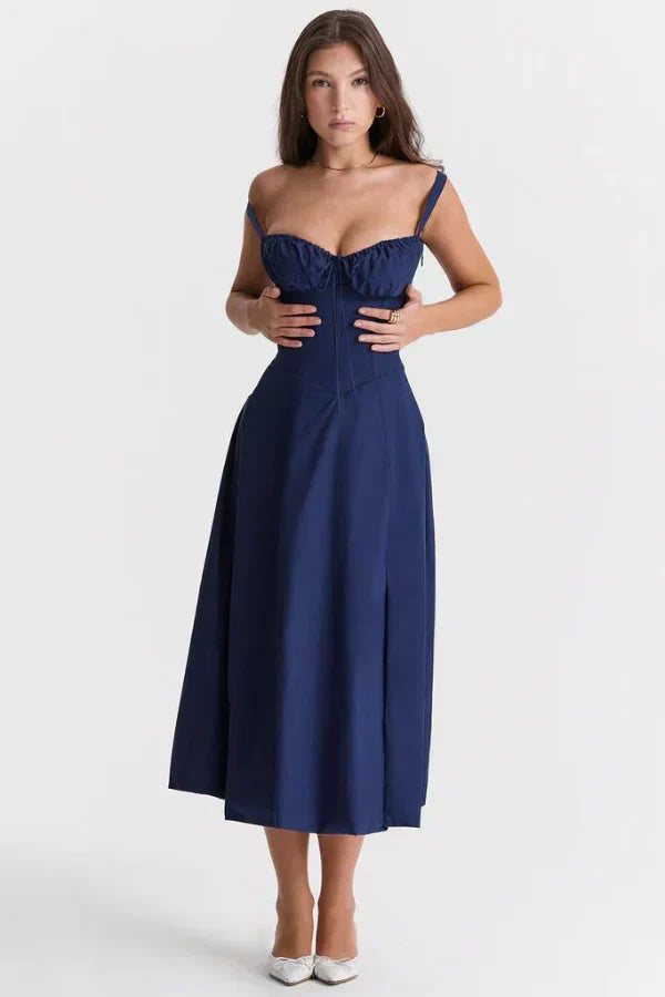 Robe Midi Florale Corsetée | Décolleté Coeur, Jupe Fendue, Bretelles Spaghetti