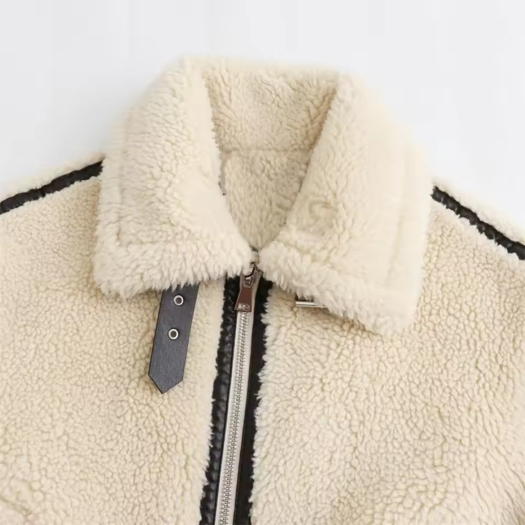 Veste en faux shearling | Bord contrasté | Fermeture éclair