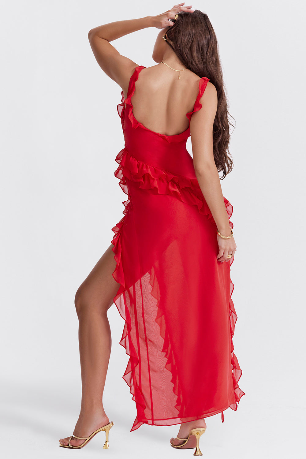 Robe Maxi Ruffle Split | Bretelles Carrées, Sans Manches, Ourlet Drapé