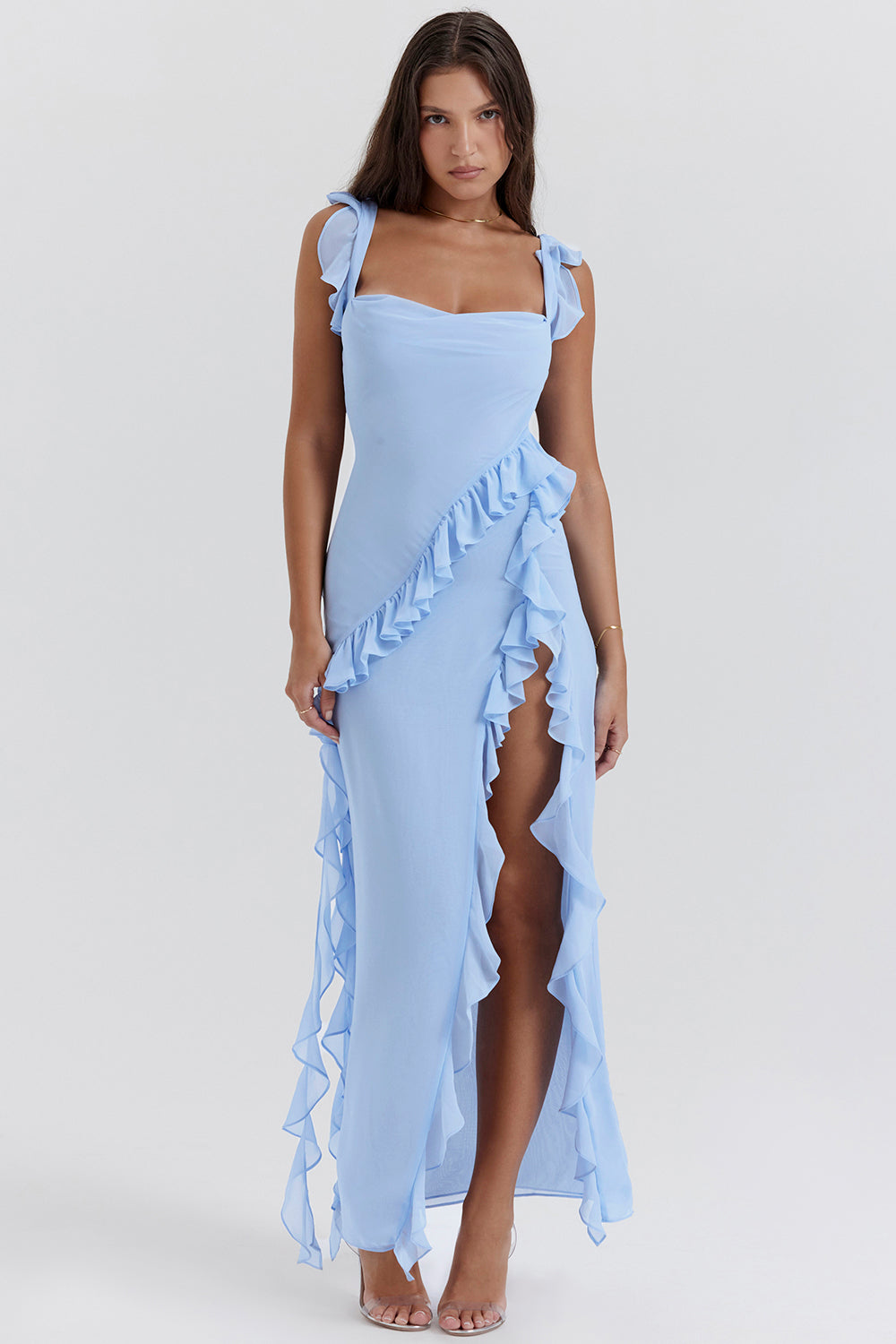 Robe Maxi Ruffle Split | Bretelles Carrées, Sans Manches, Ourlet Drapé