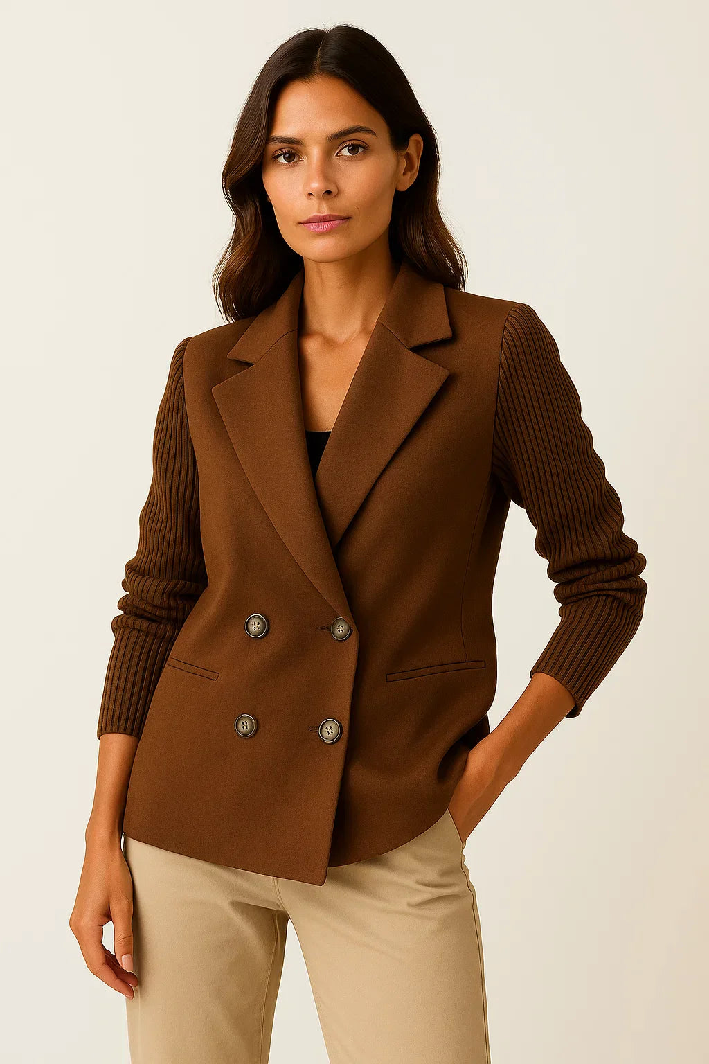 Blazer à Manches Tricot | Double-Boutonnage en Mélange Laine