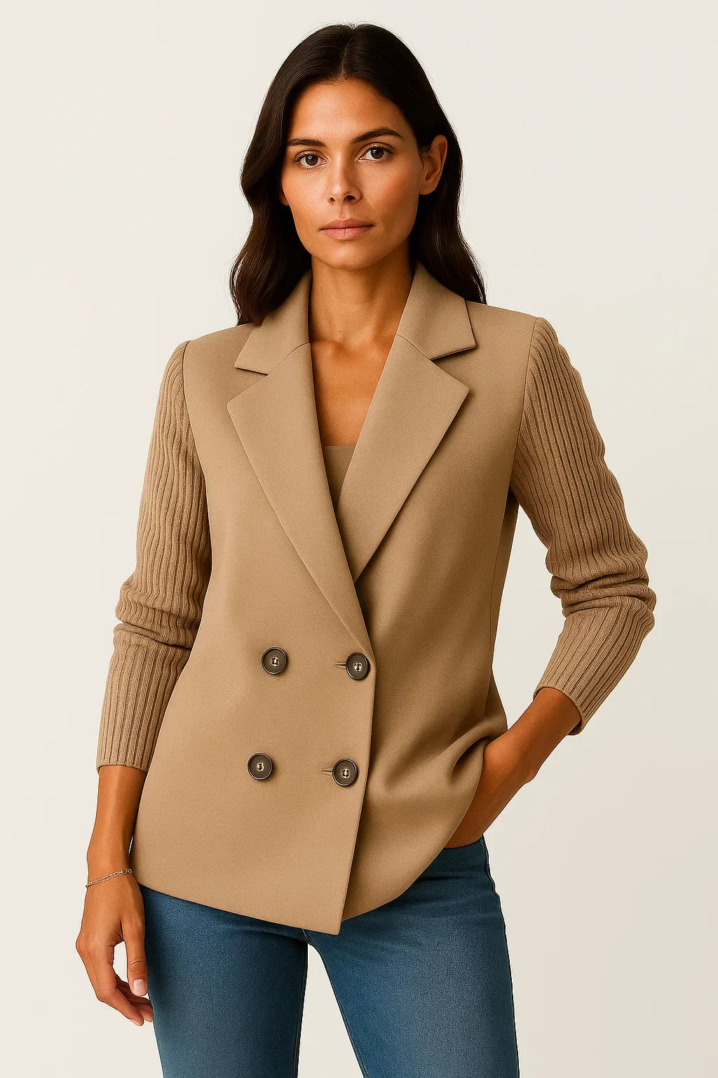 Blazer à Manches Tricot | Double-Boutonnage en Mélange Laine