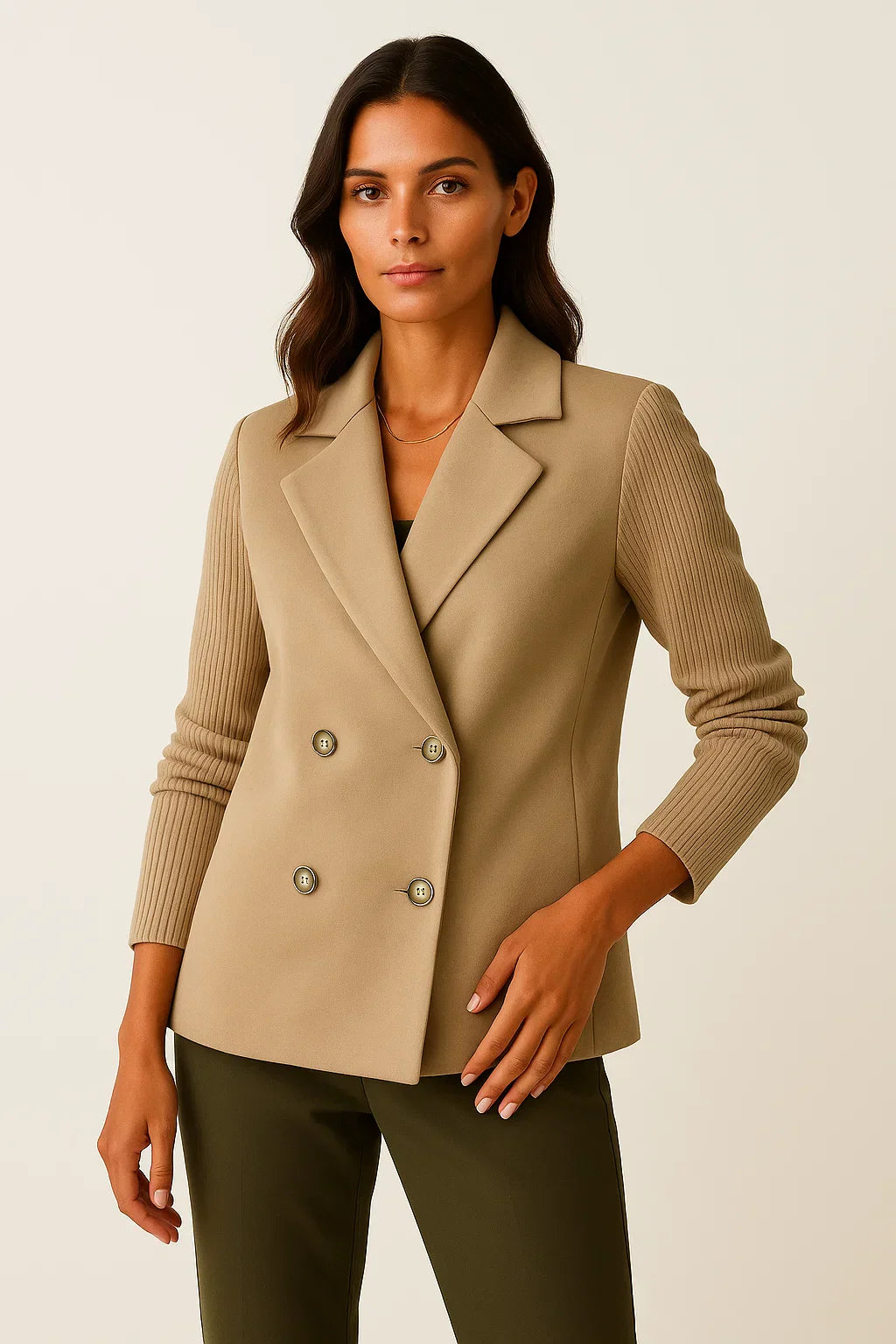 Blazer à Manches Tricot | Double-Boutonnage en Mélange Laine