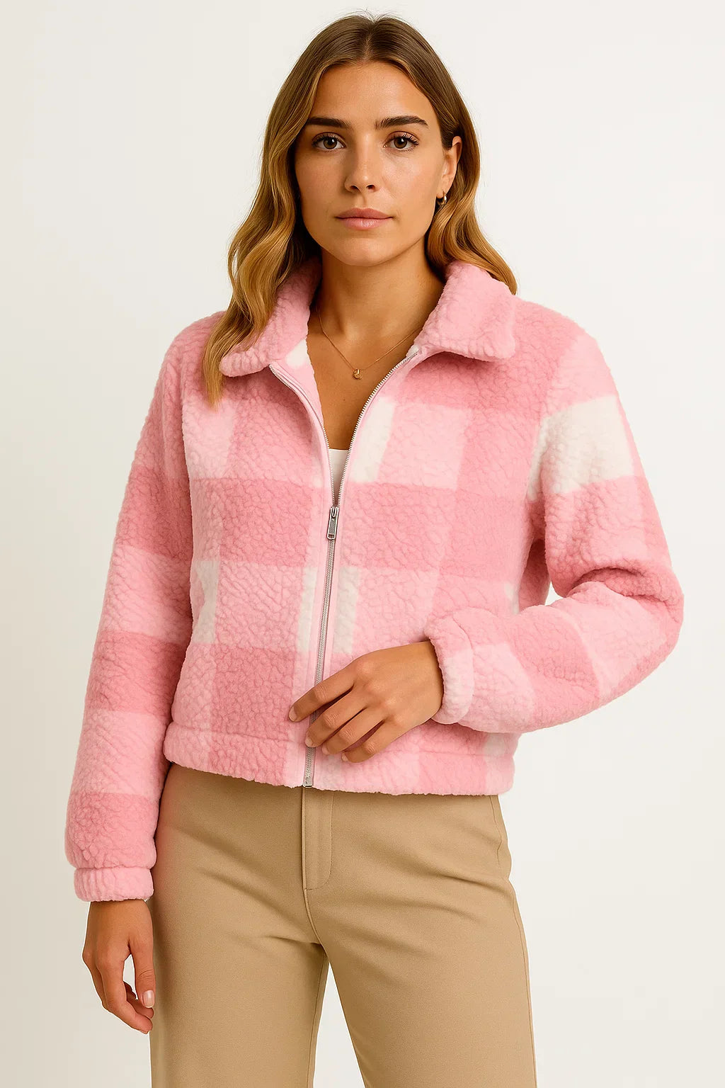 Veste Teddy Carreaux | Zip Front | Finition Tissu Doux